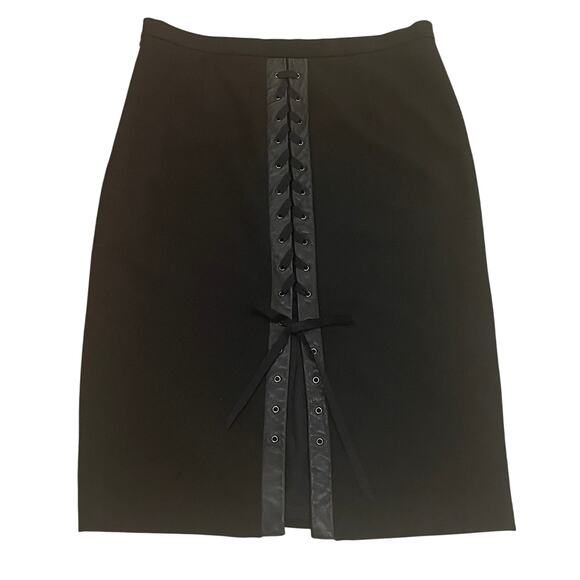 BCBGMAXAZRIA Skirt | Y2K Lace-Up Back, Leather Trim, Pencil Fit, 2 - Picture 1 of 6